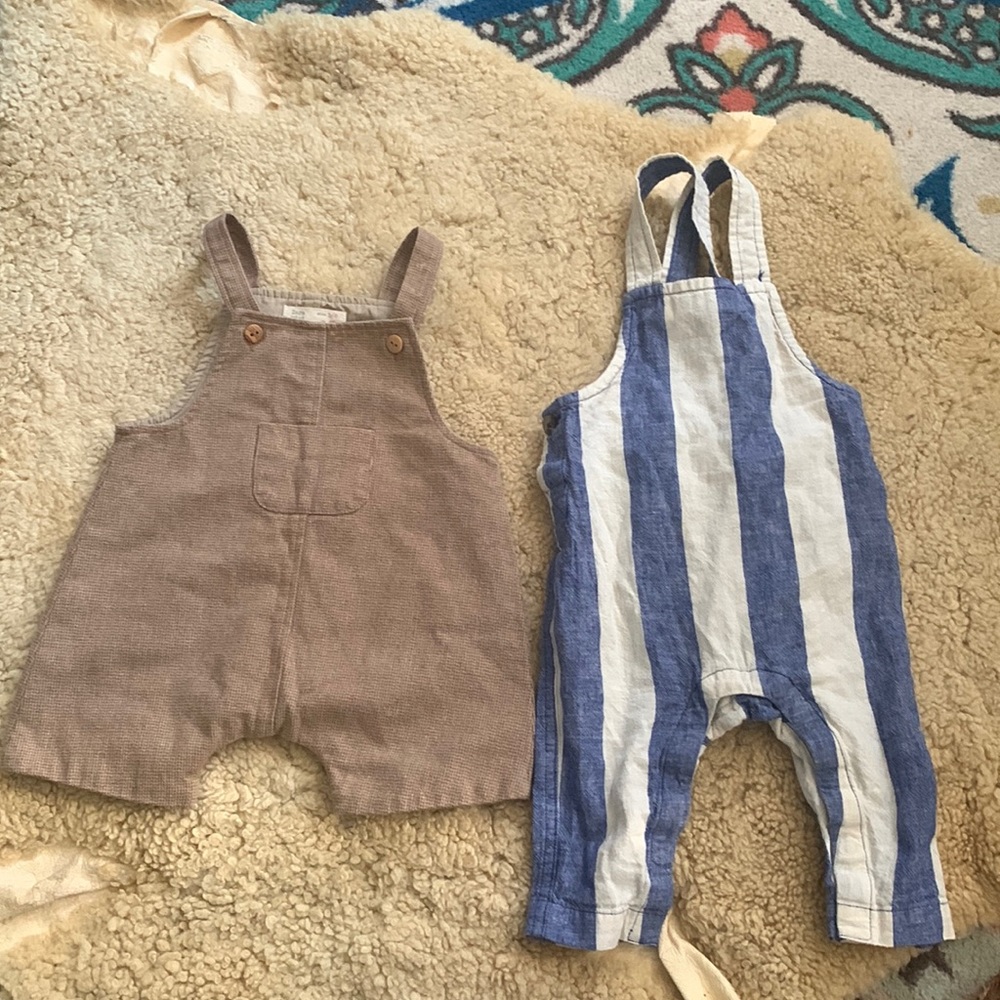 3-6 months zara overalls (tan) 6-9 months tea collection overalls (striped blue)